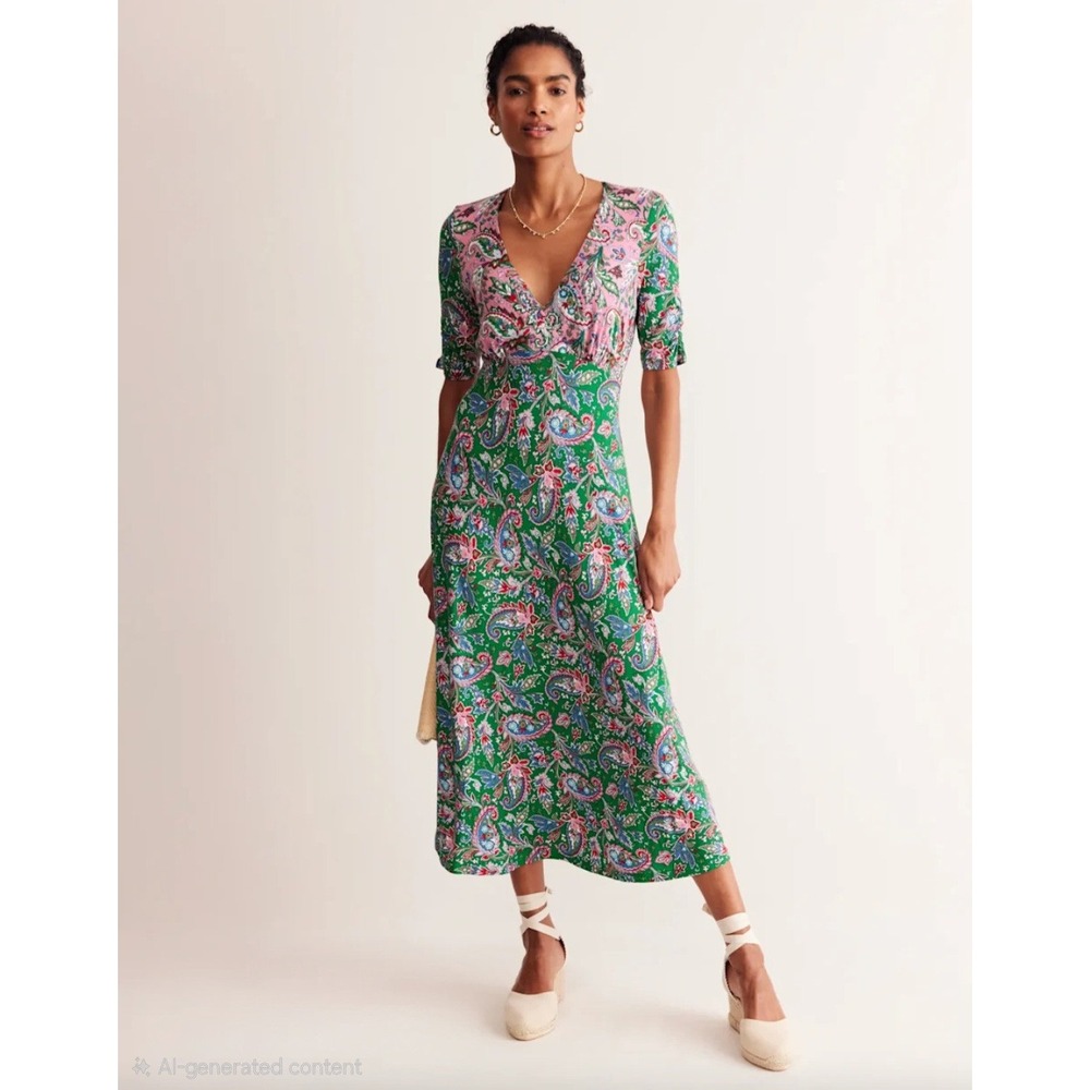 Boden Bias Cut Painterly Posy Paisley Mixed Print V-Neck Midi Dress US 10P D0581
